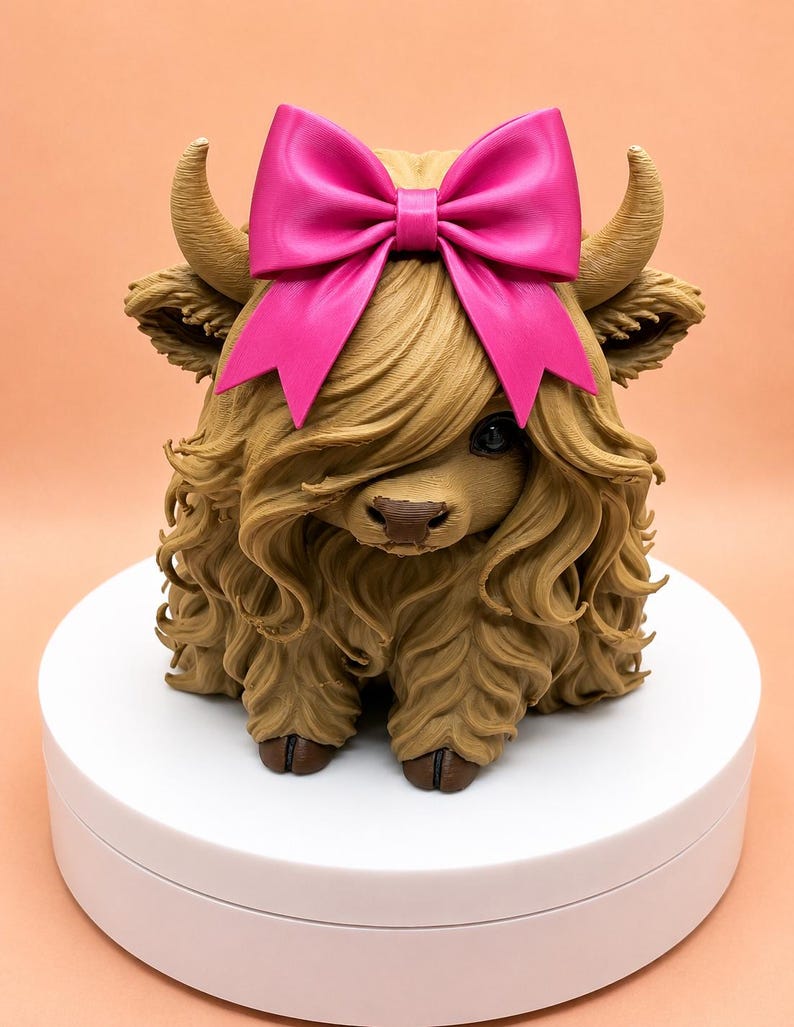 May include: A tan-colored Highland cow figurine with long, textured fur, curved horns, and a large, bright pink bow positioned between the ears. The cow has dark eyes, a brown nose, and visible hooves, presented as a detailed, sculpted ornament.