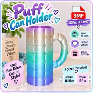 Könnte beinhalten: Ein 3D-gedruckter Puff-Dosenhalter mit gesteppter Textur und einem Farbverlauf von Lila über Gold bis hin zu Türkis und Blau. Die digitale Datei enthält zwei Größen: 330 ml und 355 ml.