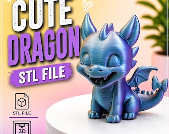 May include: A blue and purple 3D-printed dragon figurine with a smiling face, wings, and a curled tail. The text "CUTE DRAGON STL FILE" is displayed above the dragon. The image also includes icons for "STL FILE" and "3D PRINTABLE".