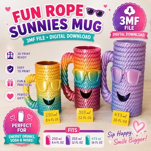 Può includere: Tre tazze stampate in 3D con una texture a corda, ognuna dotata di occhiali da sole e una bocca sorridente. Le tazze sono dimensionate per contenitori da 250 ml, 355 ml e 473 ml, presentate con etichette di testo che ne indicano la capacità.
