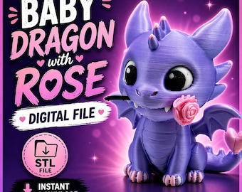 Drago neonato stampabile in 3D con rosa - File STL e 3MF (Download digitale)