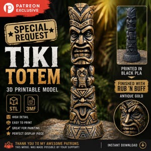 Pode incluir: Um modelo de totem tiki imprimível em 3D com acabamento em ouro antigo e detalhes esculpidos complexos. O design inclui rostos empilhados e padrões geométricos. O texto na imagem inclui Special Request, Tiki Totem, 3D Printable Model, Printed in Black PLA e Finished with Rub 'n Buff Antique Gold.