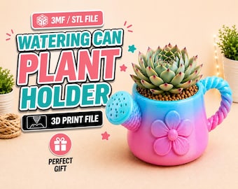 May include: A colorful watering can plant holder, with a gradient of pink and blue, holds a succulent. The can features a flower design and a spout. Text on the image reads "Watering Can Plant Holder" and "3D Print File".