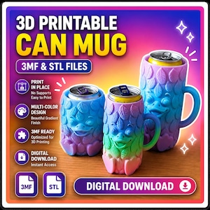 Könnte beinhalten: Ein digitaler Download für 3D-druckbare Dosenbecher mit strukturiertem Blattmuster und einem entenartigen Gesicht. Die Becher haben einen mehrfarbigen Farbverlauf in Pink, Grün und Blau. Text: 3D PRINTABLE CAN MUG, 3MF & STL FILES, DIGITAL DOWNLOAD.