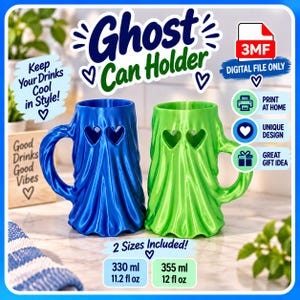 K&ouml;nnte beinhalten: Zwei 3D-gedruckte Dosenhalter in Geisterform in Blau und Gr&uuml;n, jeweils mit herzf&ouml;rmigen Augenausschnitten und einem Griff. Der Text lautet Ghost Can Holder, Keep Your Drinks Cool in Style!, 3MF DIGITAL FILE ONLY, 2 Sizes Included!, 330 ml, 355 ml.