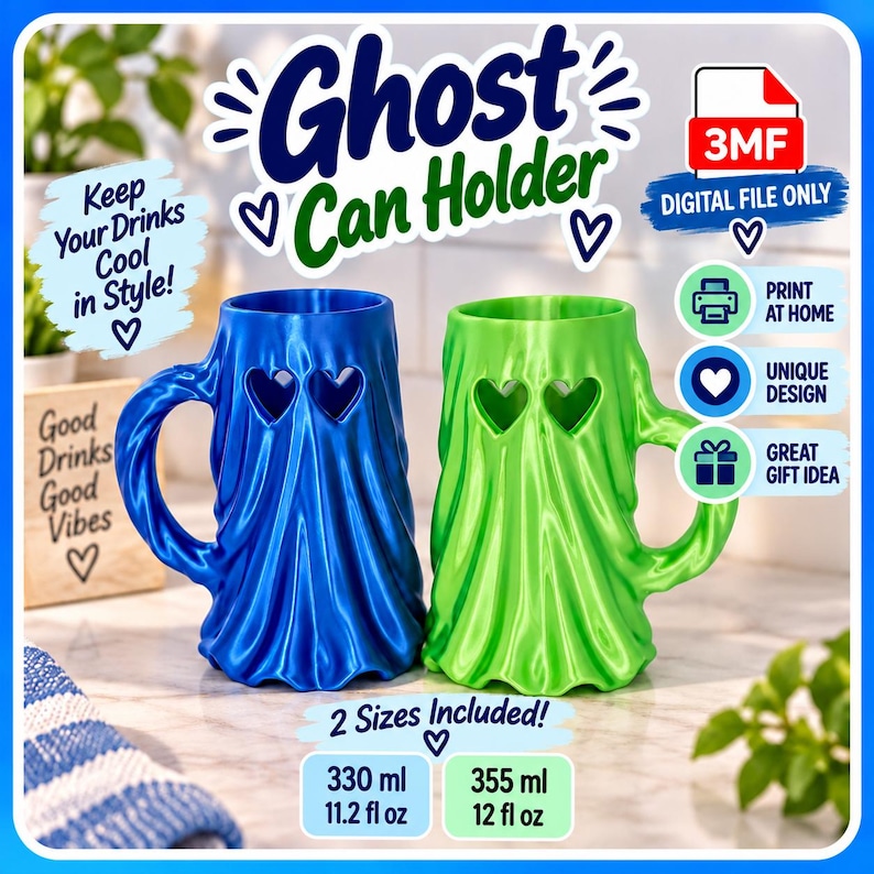 K&ouml;nnte beinhalten: Zwei 3D-gedruckte Dosenhalter in Geisterform in Blau und Gr&uuml;n, jeweils mit herzf&ouml;rmigen Augenausschnitten und einem Griff. Der Text lautet Ghost Can Holder, Keep Your Drinks Cool in Style!, 3MF DIGITAL FILE ONLY, 2 Sizes Included!, 330 ml, 355 ml.