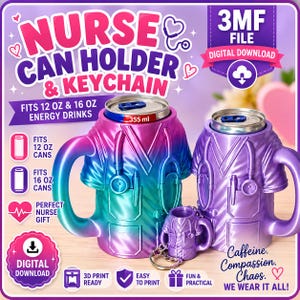 Könnte beinhalten: Zwei Dosenhalter in Form von Krankenschwester-Kasacks und ein passender Schlüsselanhänger. Die Halter haben ein Stethoskop- und Taschendesign mit einem blauen und violetten Farbverlauf. Der Text umfasst Nurse Can Holder & Keychain, 3MF File und Digital Download.