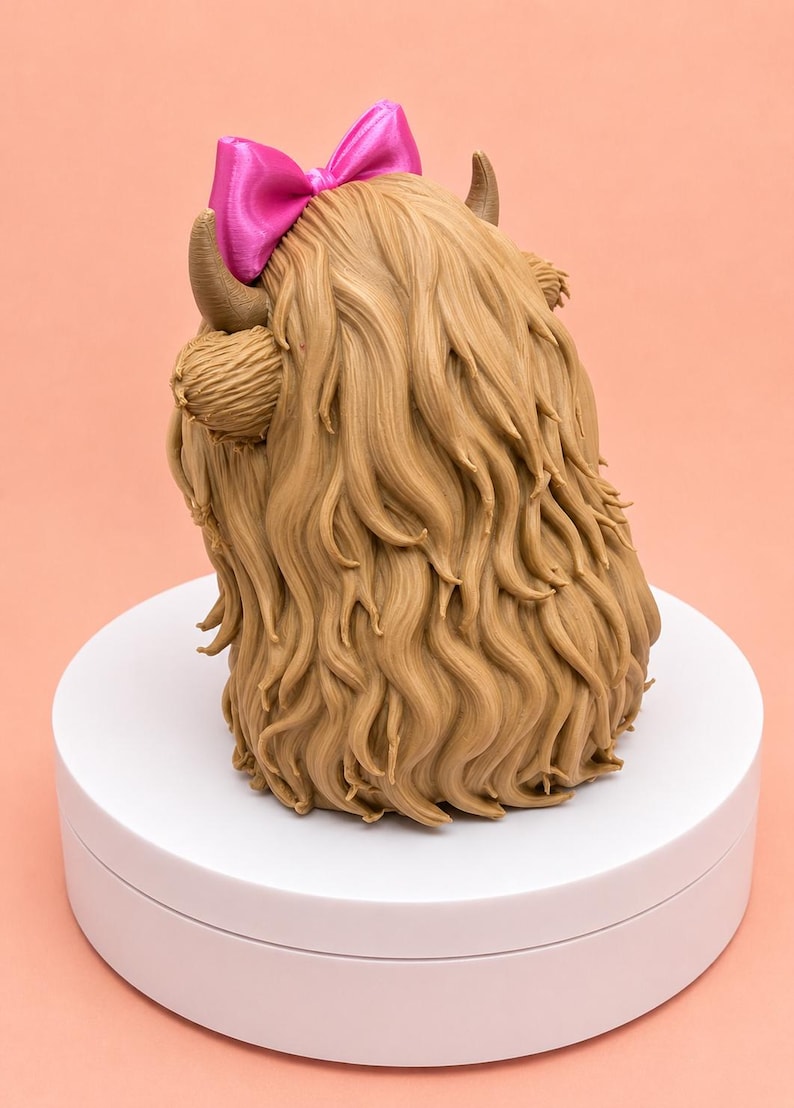 May include: A figurine of a Highland cow with long, textured light brown hair, two curved horns, and a bright pink satin bow attached between the horns. The figure is shown from the back, displaying the detailed, flowing strands of hair.