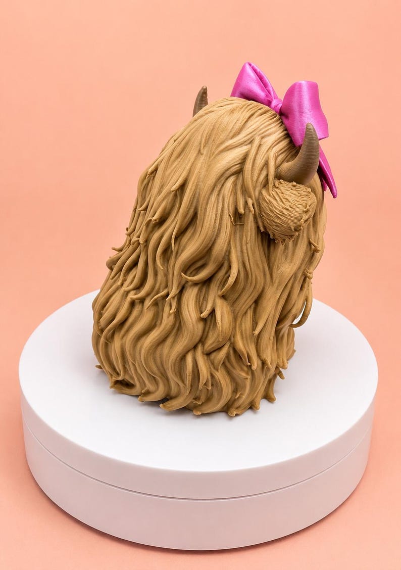 May include: A sculpted figurine of a Highland cow head with long, textured light brown fur, two curved dark brown horns, and a bright pink bow attached to the top. The sculpture is rendered in a realistic style with detailed hair strands.