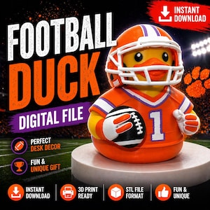 May include: A yellow rubber duck wearing an orange football uniform and helmet, holding a black and white football. The text "FOOTBALL DUCK DIGITAL FILE" is displayed. The image also includes the text "PERFECT DESK DECOR" and "FUN & UNIQUE GIFT".