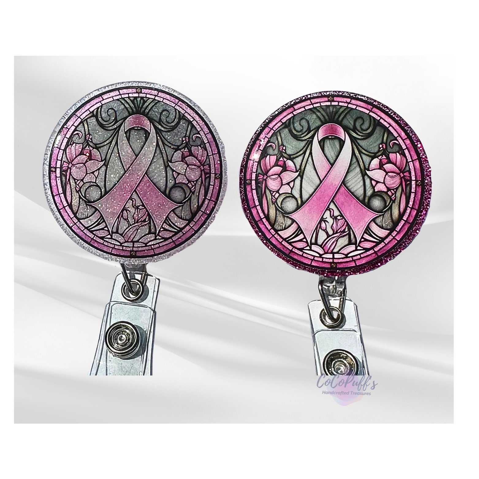 Pink Ribbon - Breast Cancer Awareness - with or Without Glitter - Approx 2 Retractable Badge Reel with Alligator Clip.
