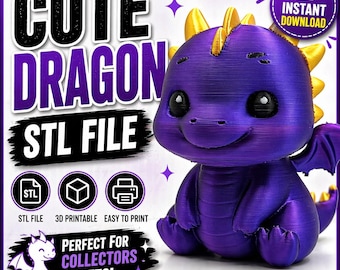 May include: A purple 3D-printed dragon figurine with gold accents on its horns and wings. The image includes the text "CUTE DRAGON STL FILE" and icons indicating it's an STL file, 3D printable, and easy to print. The image also says "INSTANT DOWNLOAD".