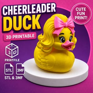 May include: A yellow rubber duck figurine with long yellow hair, a bright pink bow, and a pink beak. The text reads CHEERLEADER DUCK, 3D PRINTABLE, CUTE FUN PRINT, PRINTFILE, STL, 3MF, and STL & 3MF. The duck has large black eyes with long eyelashes.