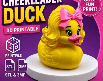 May include: A yellow rubber duck figurine with long yellow hair, a bright pink bow, and a pink beak. The text reads CHEERLEADER DUCK, 3D PRINTABLE, CUTE FUN PRINT, PRINTFILE, STL, 3MF, and STL & 3MF. The duck has large black eyes with long eyelashes.