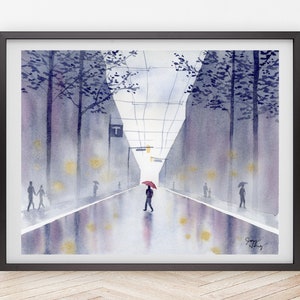 Vancouver Art Print | Rainy Day on Granville Street | Watercolor Painting