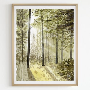 Forest Art Print | Sun Rays Through the Trees | Watercolor Painting