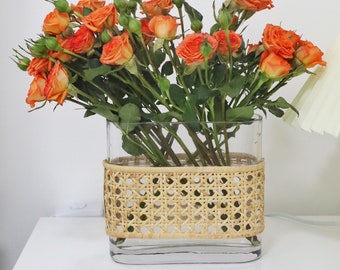 Hand blow Glass Pitcher, Rattan-Wrapped Pitcher, Flower Pot, Handmade Pitcher Woven Rattan Wrapped Glassware Flower Baskets