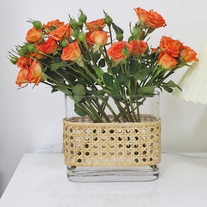 Hand blow Glass Pitcher, Rattan-Wrapped Pitcher, Flower Pot, Handmade Pitcher Woven Rattan Wrapped Glassware Flower Baskets