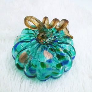 Hand Blown Glass Pumpkin with Blue and Green Colors, Long Curly Stem Design, Pumpkin Figurine Gift, Halloween Gift Thanksgiving Decoration