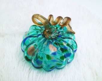 Hand Blown Glass Pumpkin with Blue and Green Colors, Long Curly Stem Design, Pumpkin Figurine Gift, Halloween Gift Thanksgiving Decoration
