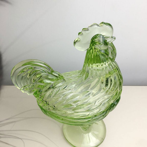 Emerald Coloured Glass, Rooster Candy Dish, Covered Dish, Standing Rooster Country Farmhouse Kitchen Home Decor