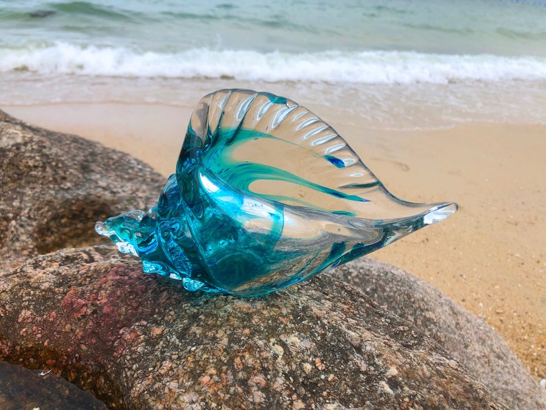 Blue Transparent Conch Shell Art Glass Sculptures Home Decor Ocean Lover Gift image 1