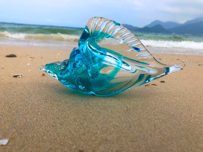 Blue Transparent Conch Shell Art Glass Sculptures Home Decor Ocean Lover Gift image 2