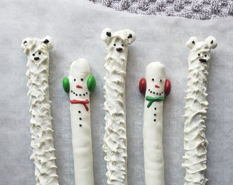 Polar Bear and Snowmen Chocolate Covered Pretzels | Sticks | Gourmet | White | Christmas | Birthday | Theme | Party | Baby | Favor | Gift