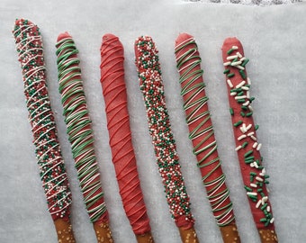 Red Christmas Chocolate Covered Pretzels Collection | Sticks | Gourmet | Santa | Christmas | Theme | Party | Birthday | Favor | Gift