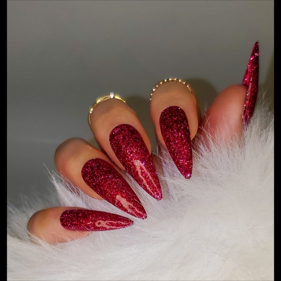 Instantly Upgrade Your Look With 24pcs Long Almond Red Glitter
