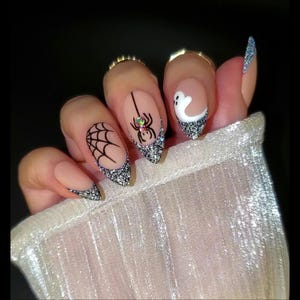 Black Diamond Glitter French Tip Spider, Web & Ghost Halloween Glam Press On Nail Set