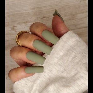 Sage Green Matte/Glossy Finish Press On Nail Set in Almond, Coffin, Square, Stiletto, Oval