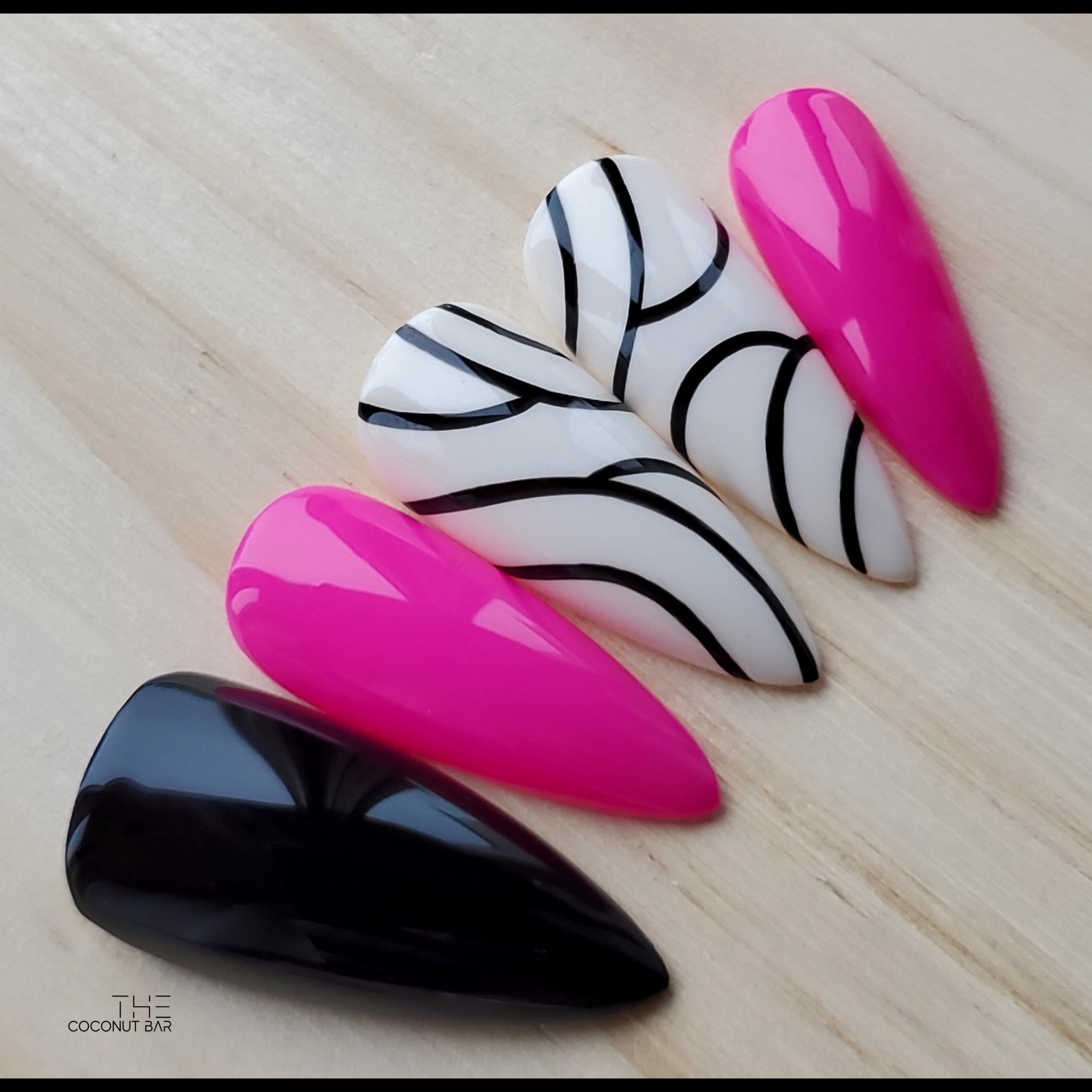 Black & Fuchsia Half Circle Line Work Press On Nail Set