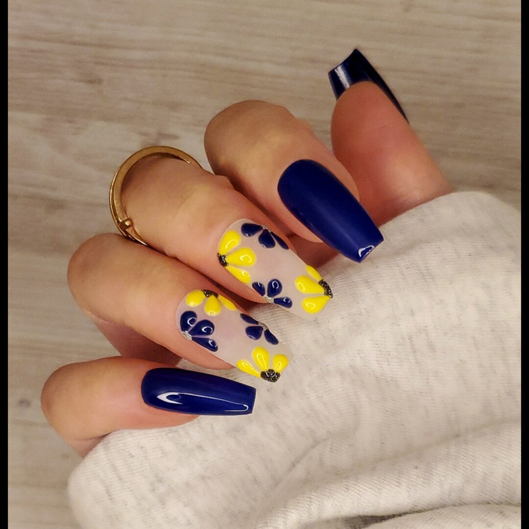 Blue & Yellow Flower Press on Nail Set in Almond Coffin - Etsy