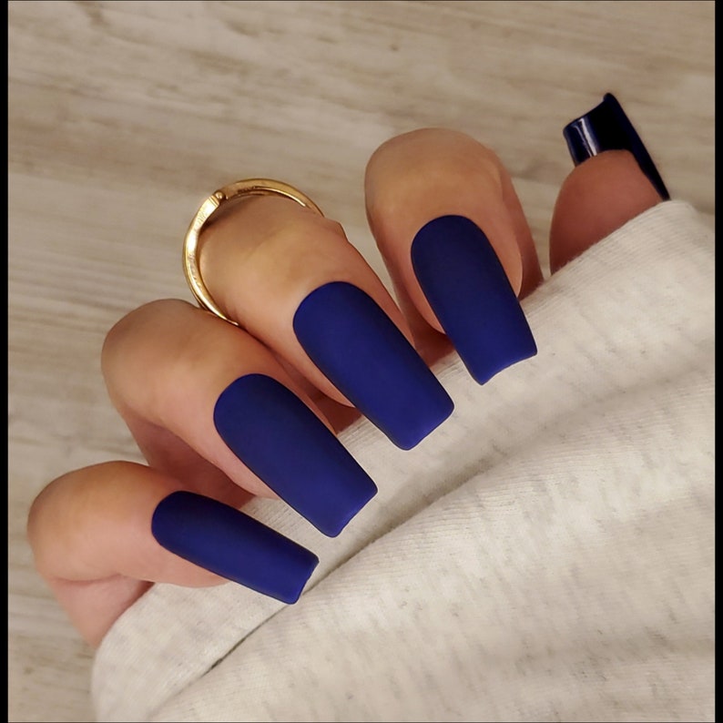 Navy Blue Matte/Glossy Finish Press On Nail Set image 1