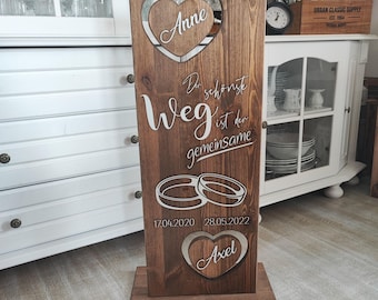 De mooiste weg is samen – Huwelijksgeschenk – Cadeau voor het bruidspaar – Gepersonaliseerde houten standaard met namen en datum