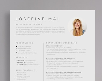 Modern application template in German with tabular CV for Word and Pages, application letter, attachments and cover sheet