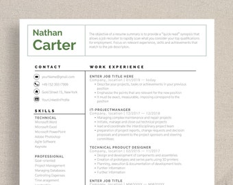 Professional resume template English, with 1 and 2 page CV, Cover letter and references template | fully customizable