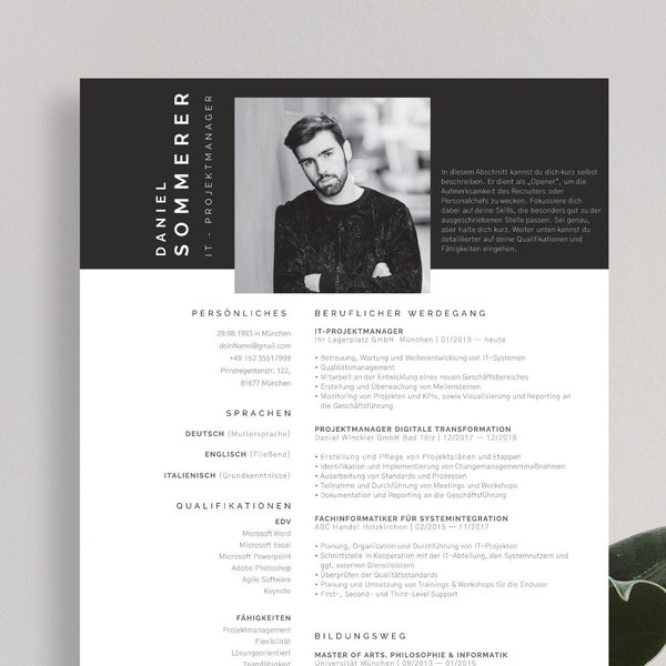 Creative application template in German with tabular CV for Word and Pages, letter of motivation, cover sheet and attachments.