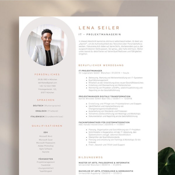 Creative application template in German with tabular CV, letter of motivation, cover sheet and attachments for Word and Pages