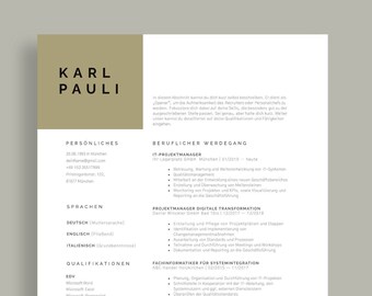 Modern application template in German, with CV, cover letter, list of attachments and cover sheet