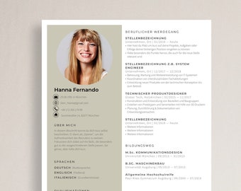 Creative application template in German with tabular CV, letter of motivation, cover sheet and attachments for Word and Pages