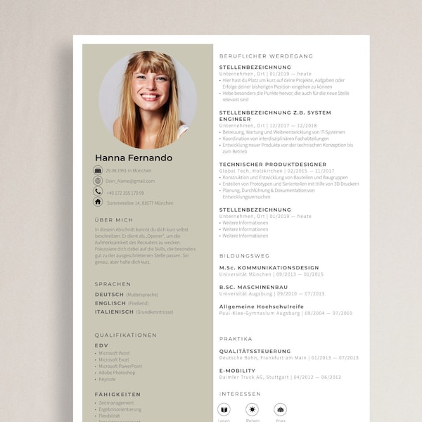 Creative application template in German with tabular CV, letter of motivation, cover sheet and attachments for Word and Pages