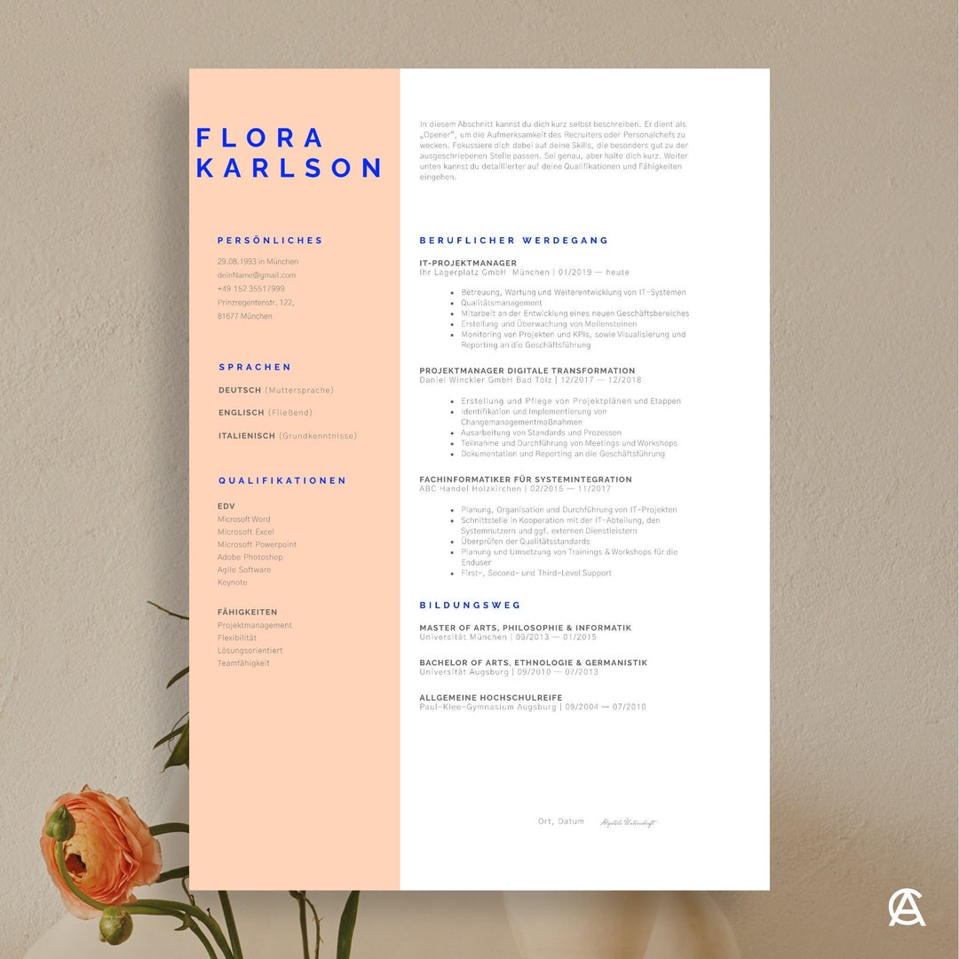 Minimalist Application Template in German, With CV, Cover Letter, List
