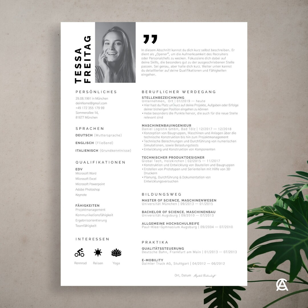 Creative Application Template in German With Tabular CV, Letter of ...