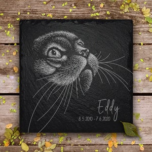 Katze Grabstein mit Foto-Gravur & Beschriftung. Grabstein, Grabplatte, Gedenktafel aus wetterfestem Schiefer mit dem Portrait deiner Katze.