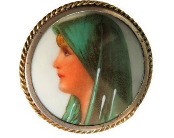 Brooch with miniature painting on Limoges Porcelain