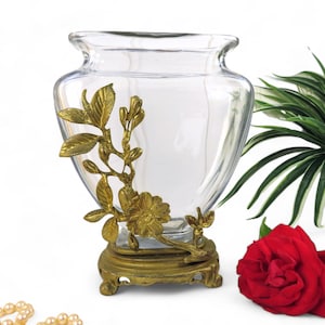 Selten ! Prächtige Kristallvase auf einer vergoldeten Bronzehalterung, signiert E. ENOT, Jugendstil