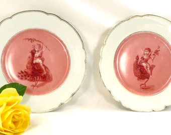 Rare 2 Assiettes XIXéme au décor original d'angelots sur des oiseaux