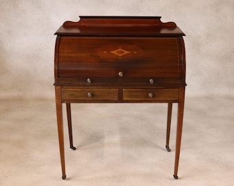 Antique Edwardian Mahogany Cylinder Bureau Desk - Sheraton Style - Circa 1900